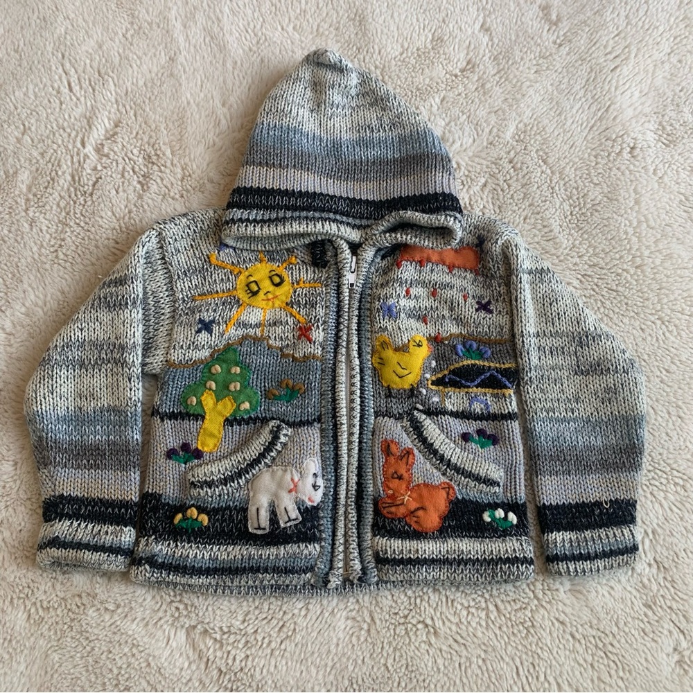 Gray Hooded Knit Peruvian Style Sweater Jacket Size 24 months